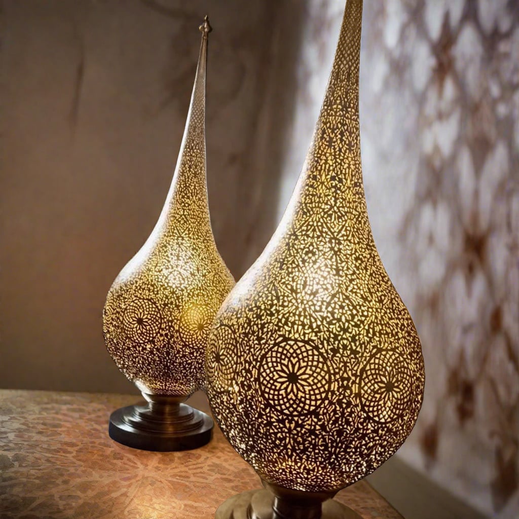 Set of two Moroccan Brass Floor Lamp in a room in a mystical oasis palace with walls covered in intricate Arabesque patterns 