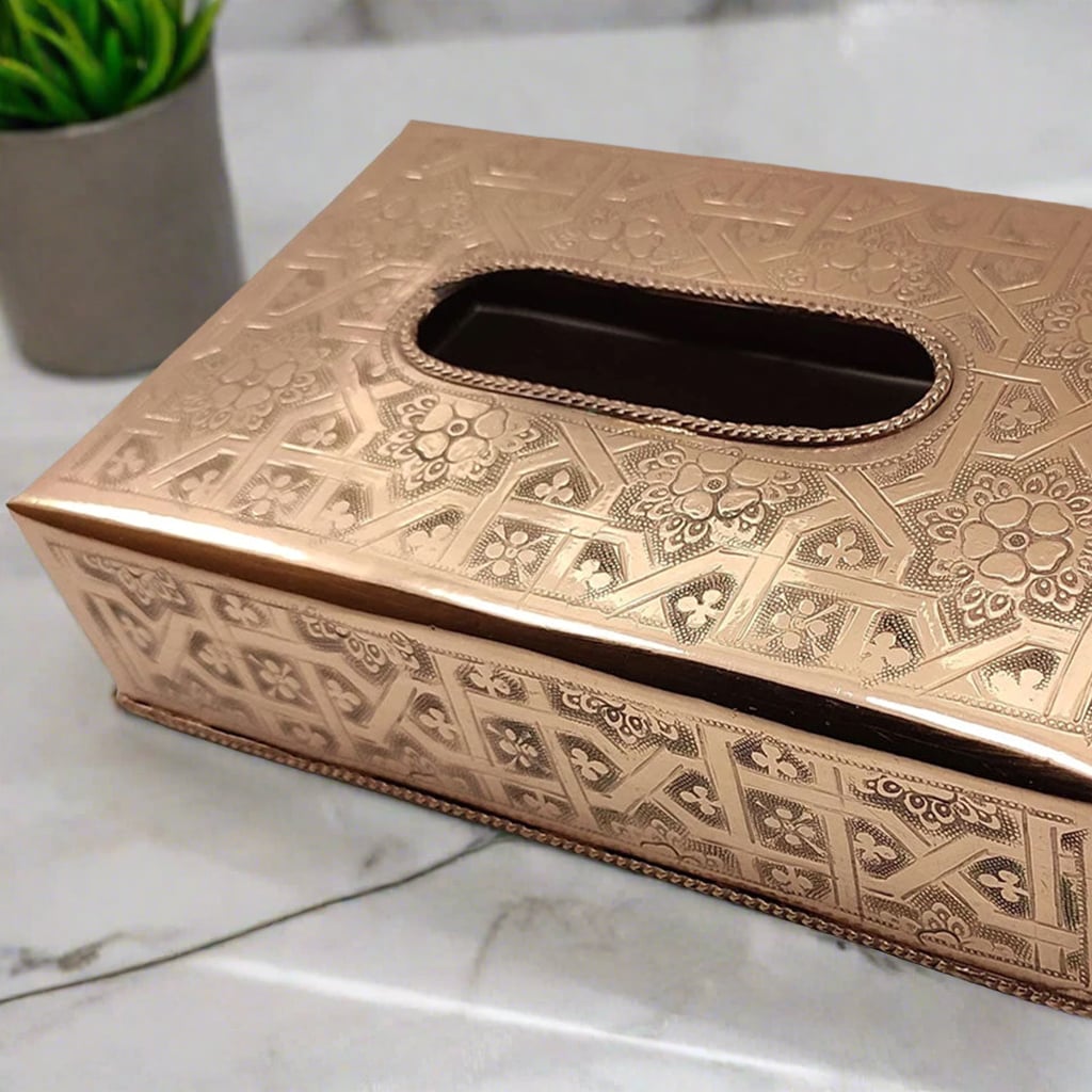 Engraved Brass Tissue Box Cover with white marble background 