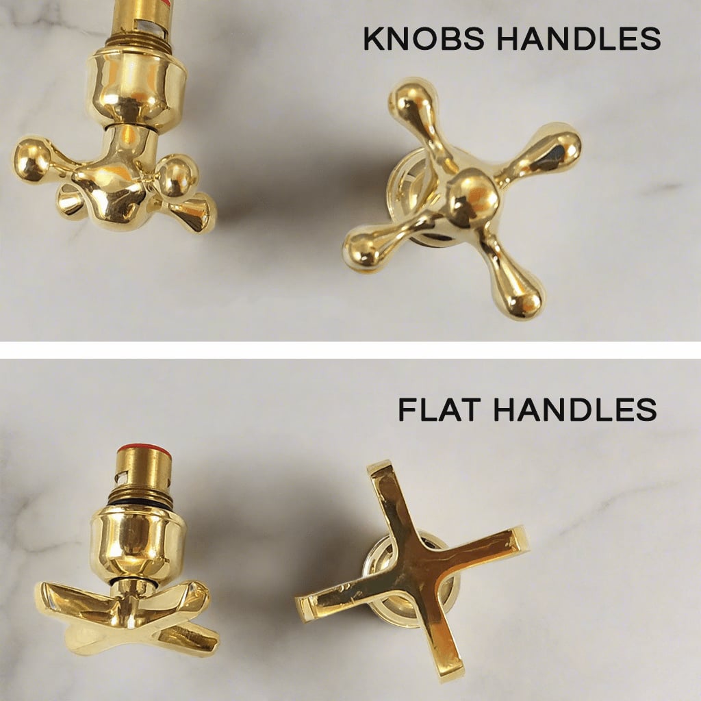 Brass Wall Mount Faucet handles type options, flat and knobs handles 