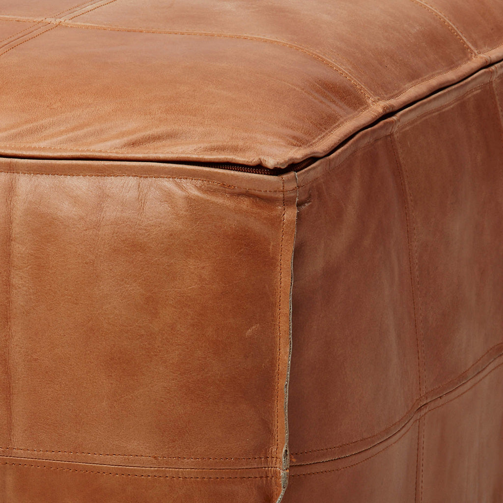 Close-up of a stitched leather pouf - Moroccan Interior