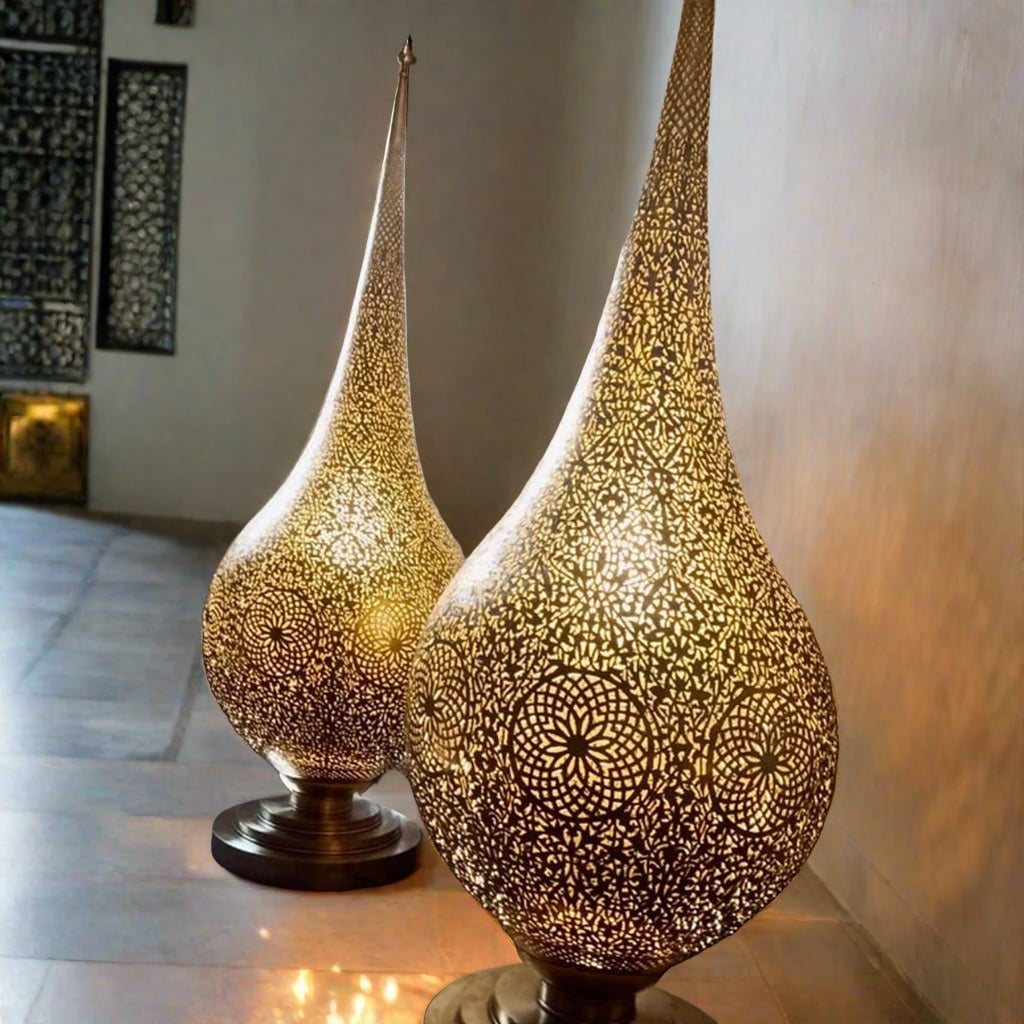 Set of two Moroccan Brass Floor Lamp in a room in a mystical oasis palace with walls covered in intricate Arabesque patterns