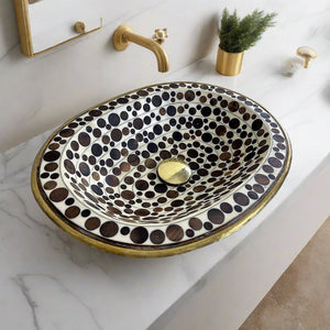 Elegant Hand-Hammered Brass Bathroom Sink with Intricate Black and White Dot Pattern - Luxurious Oval Basin for Unique Bathroom Decor