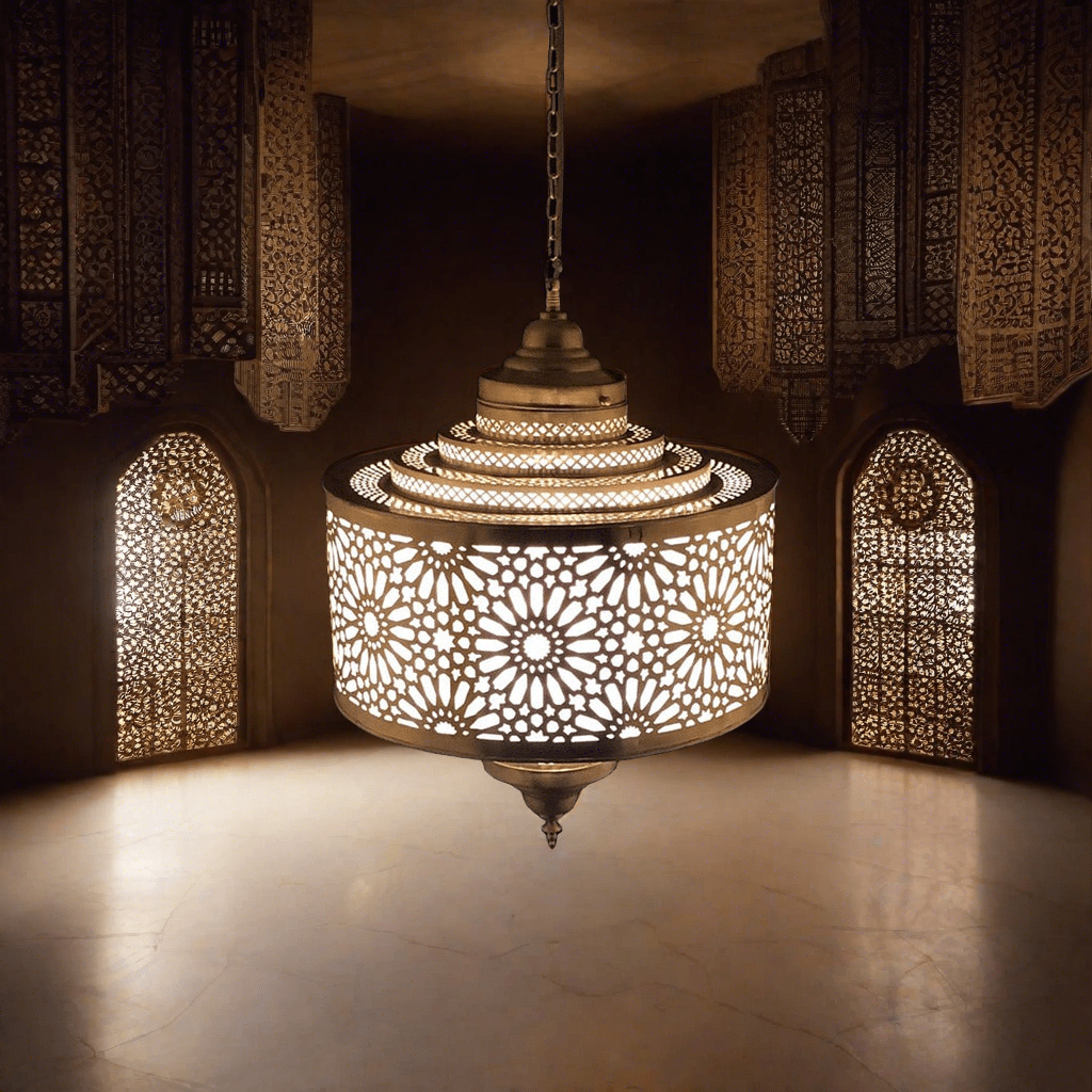 Metalwork of a Moroccan Pendant Fixtures hanged in a mystical oasis palace with walls covered in intricate Arabesque patterns 
