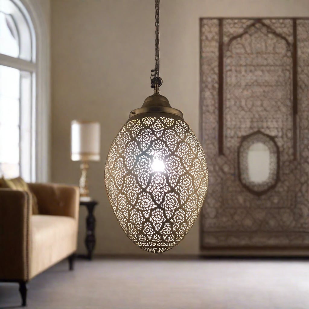 Moroccan decorative ceiling lamp casting light shadows in a mystical oasis palace with walls covered in intricate Arabesque patterns 