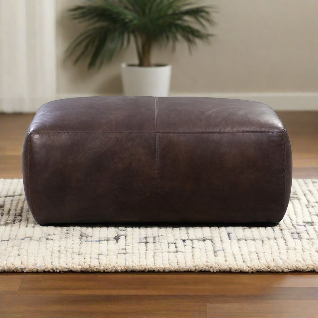 A contemporary living space with a large, dark brown leather ottoman placed on a textured white and gray rug, next to a potted palm and against a light brown wall.