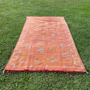 Orange Moroccan sabra rug with traditional Berber motif against a backdrop of grass - Moroccan Interior