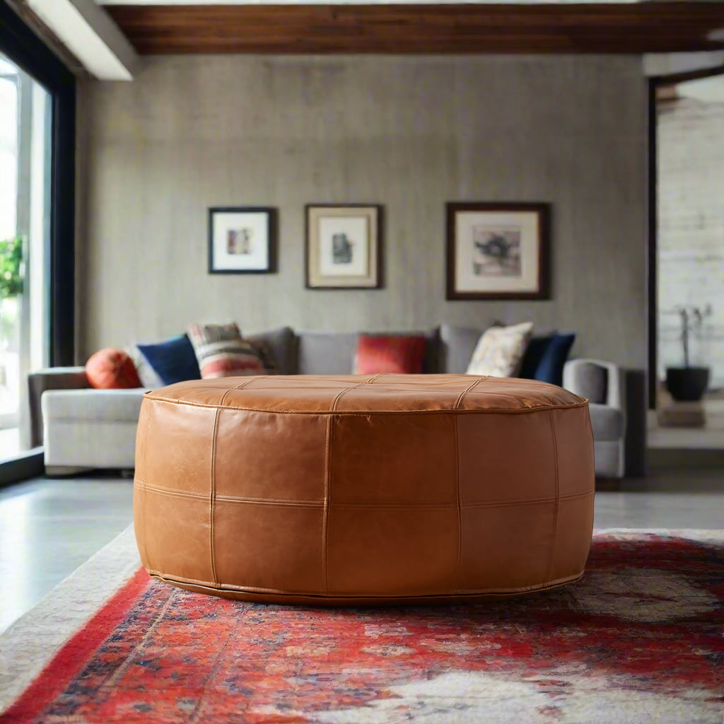 Round Leather Ottoman & Coffee Table