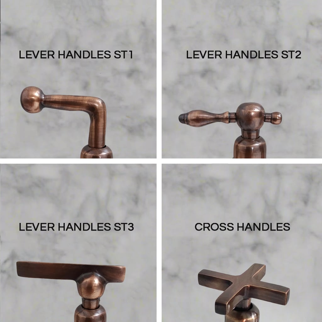 Four antique copper kitchen faucet handle styles including lever handles st1, st2, st3, and classic cross handles