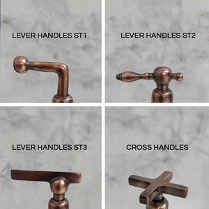 Four antique copper kitchen faucet handle styles including lever handles st1, st2, st3, and classic cross handles