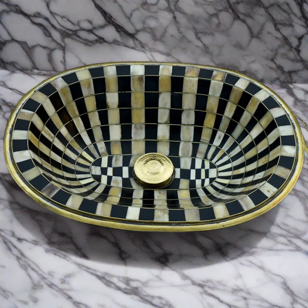 Front view of a Bathroom Undermount Brass Sink with black and white background - Moroccan Interior