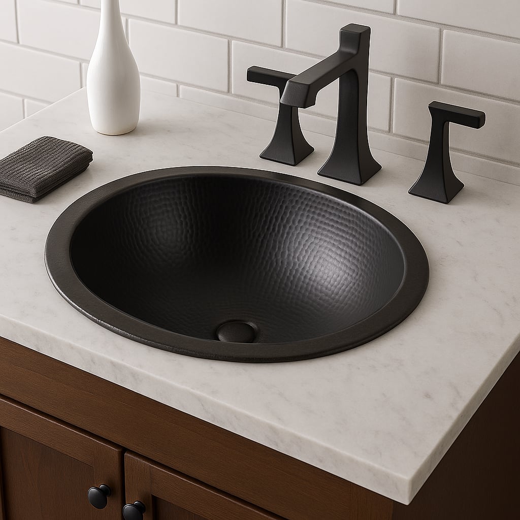 Black hammered copper sink installed in a bathroom vanity with a white marble countertop and matte black faucet set