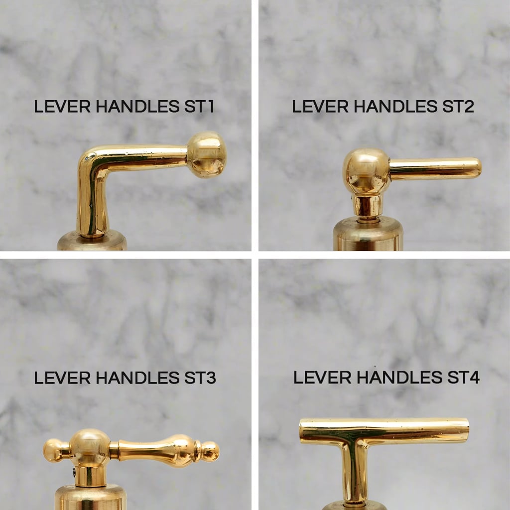 Close-up view of four brass lever faucet handle styles labeled ST1 through ST4, displayed on a marble background for customization reference