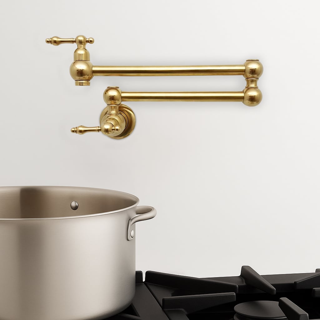 Brass wall-mount pot filler faucet extended above a stovetop with a stainless steel cooking pot positioned beneath.