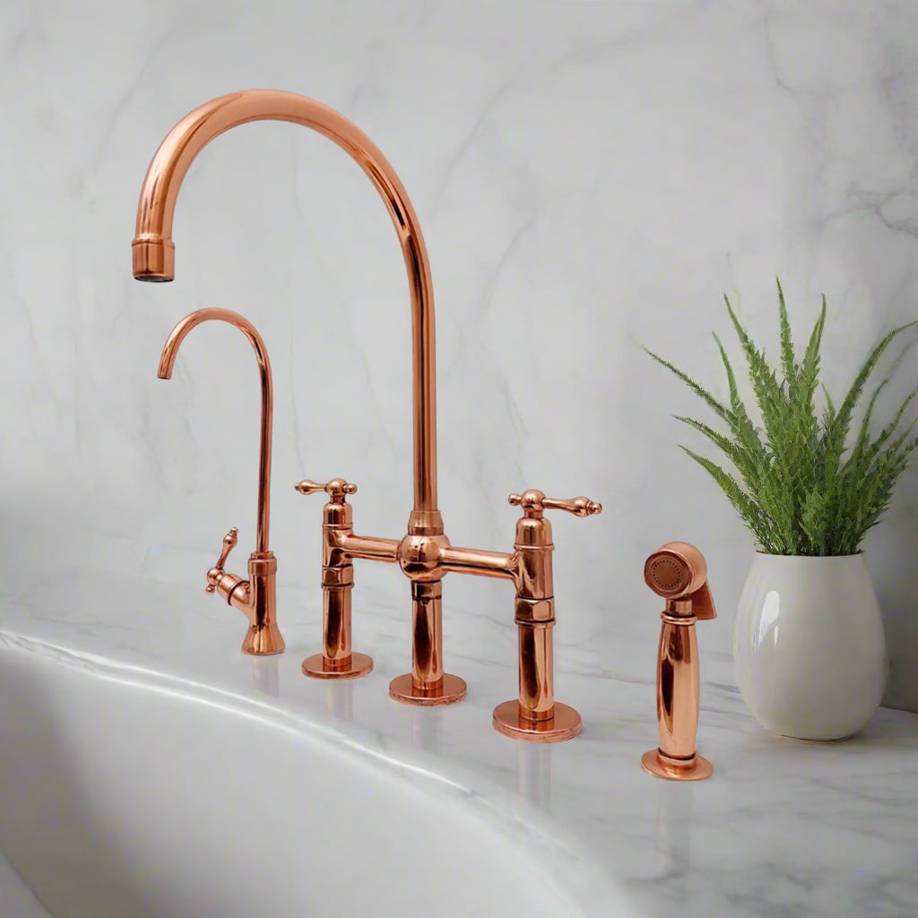 Copper kitchen bridge faucet set with a tall gooseneck spout, side sprayer, and filtered water tap on a marble countertop