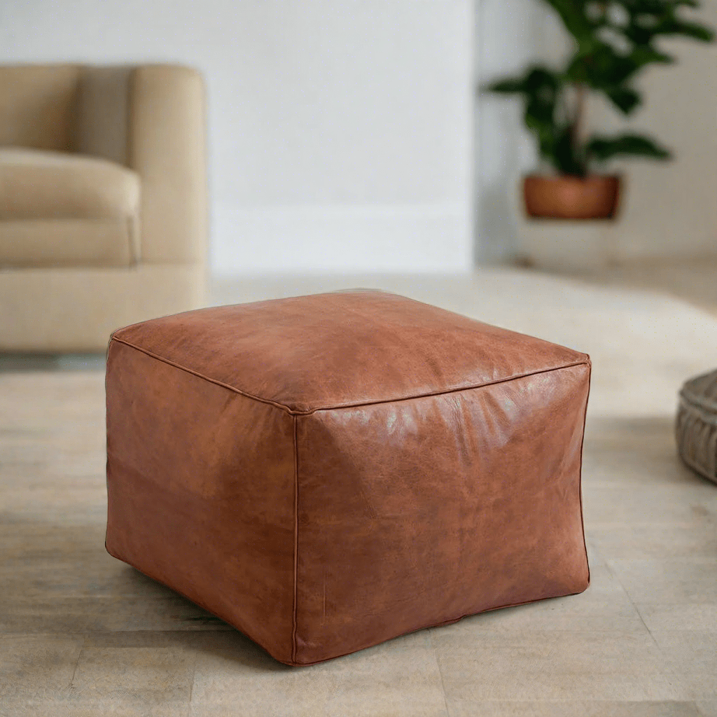 Cube leather pouf in bright living space with modern furniture - Moroccan Interior