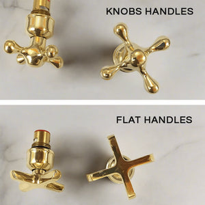 Comparison of knob and flat handle options for the Moroccan engraved brass vanity faucet, offering customization for different bathroom styles