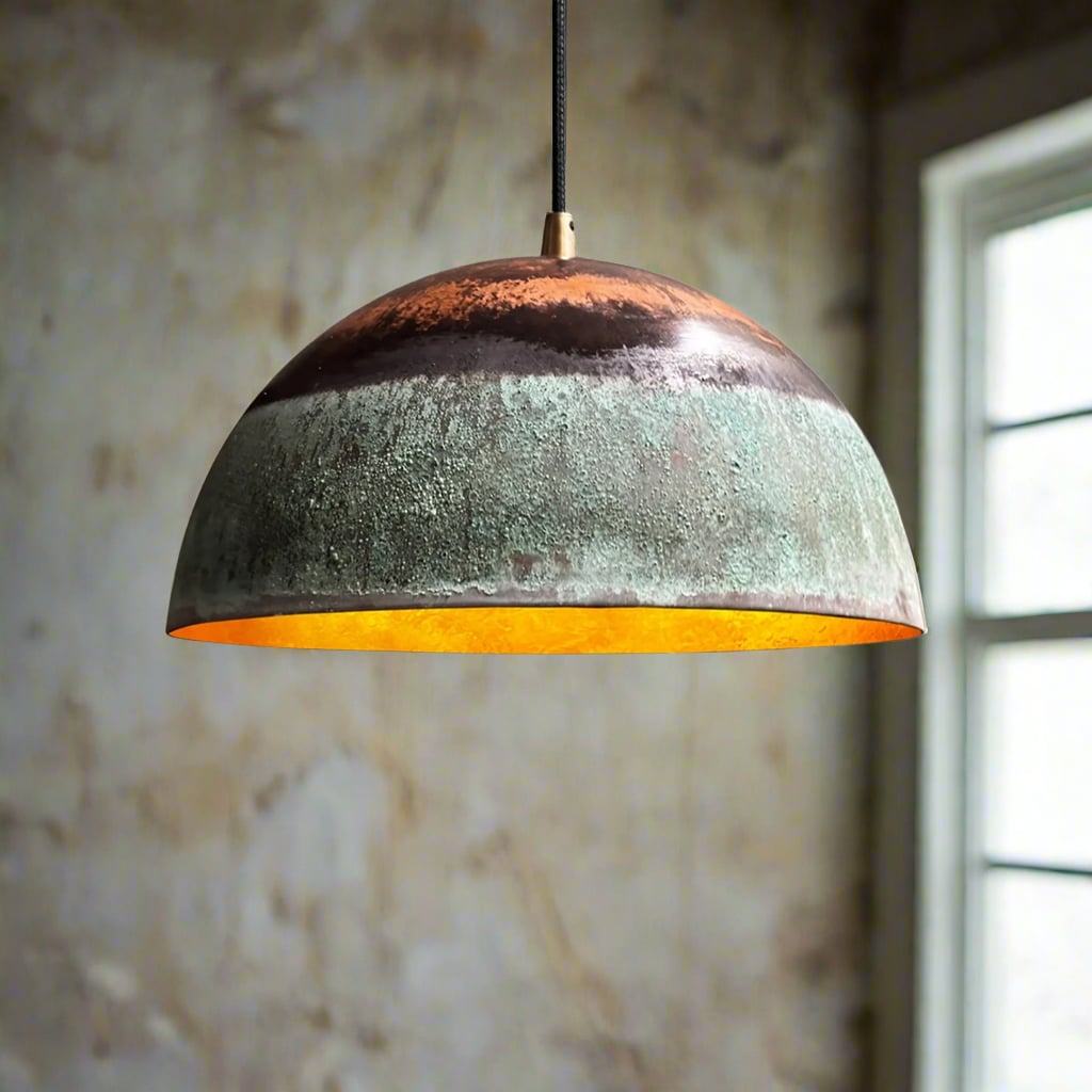 Side profile of green patina dome pendant light with raw copper top, suspended in a moody interior space