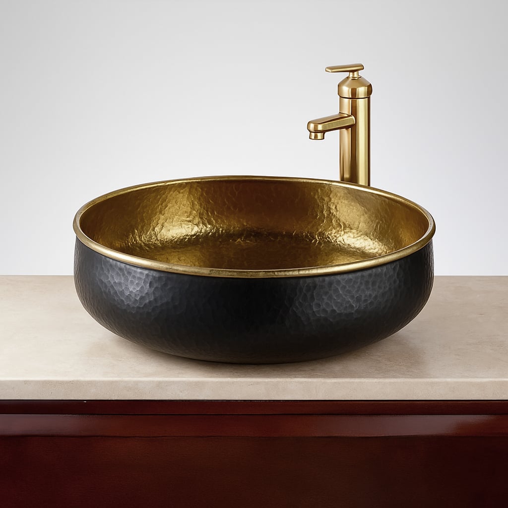 Hammered black and gold vessel sink installed on a countertop with a matching gold faucet