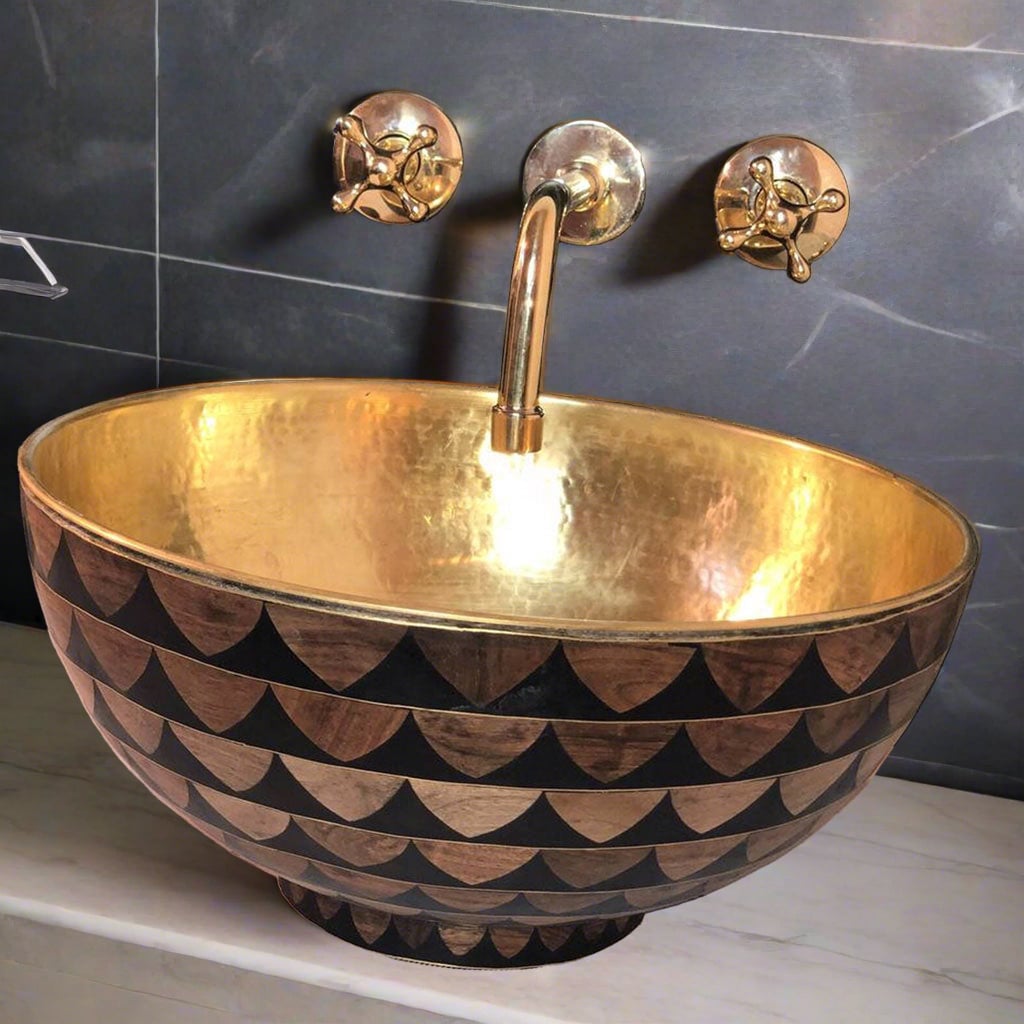 Bathroom interior with brass sink and brass faucet mounted on top - Moroccan Interior