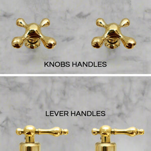 Side-by-side comparison of polished brass knobs and lever handles for classic and modern faucet customization