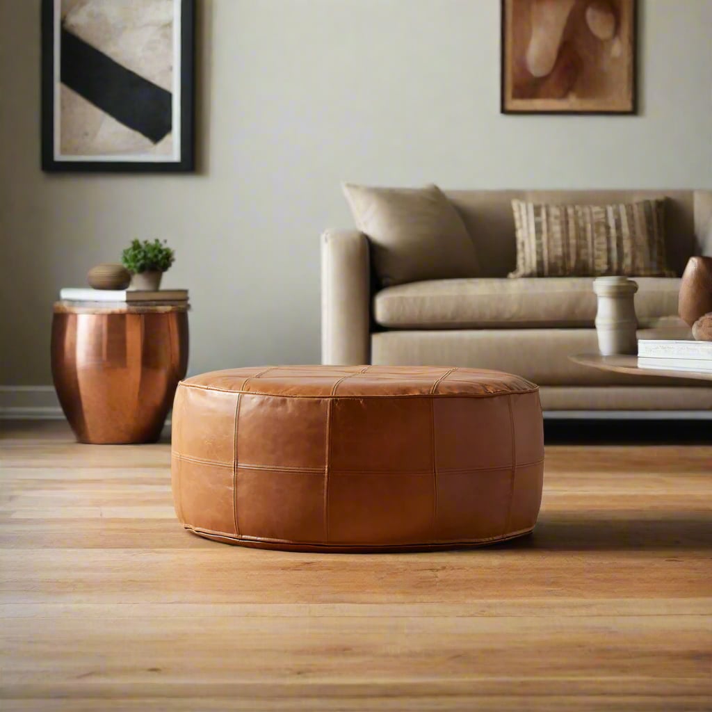 A round leather pouf in a modern living room, placed on a wooden floor near a beige sofa and copper accent table