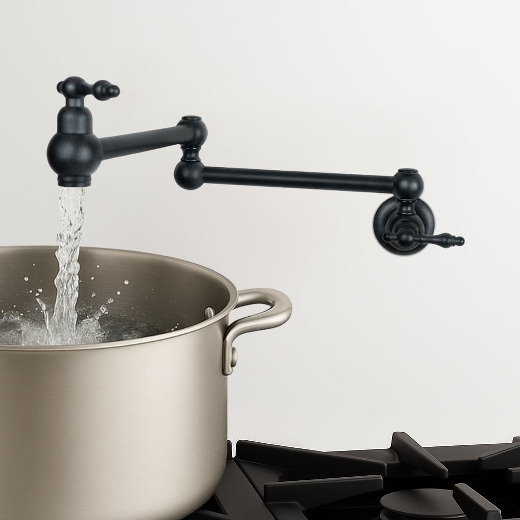 Water flowing from a matte black pot filler into a stainless steel cooking pot, showcasing smooth swivel function and dual shut-off valves
