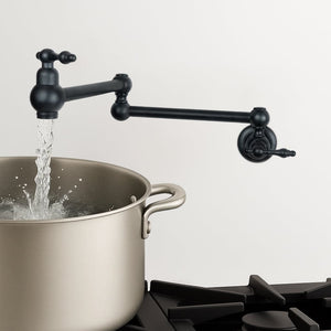 Water flowing from a matte black pot filler into a stainless steel cooking pot, showcasing smooth swivel function and dual shut-off valves