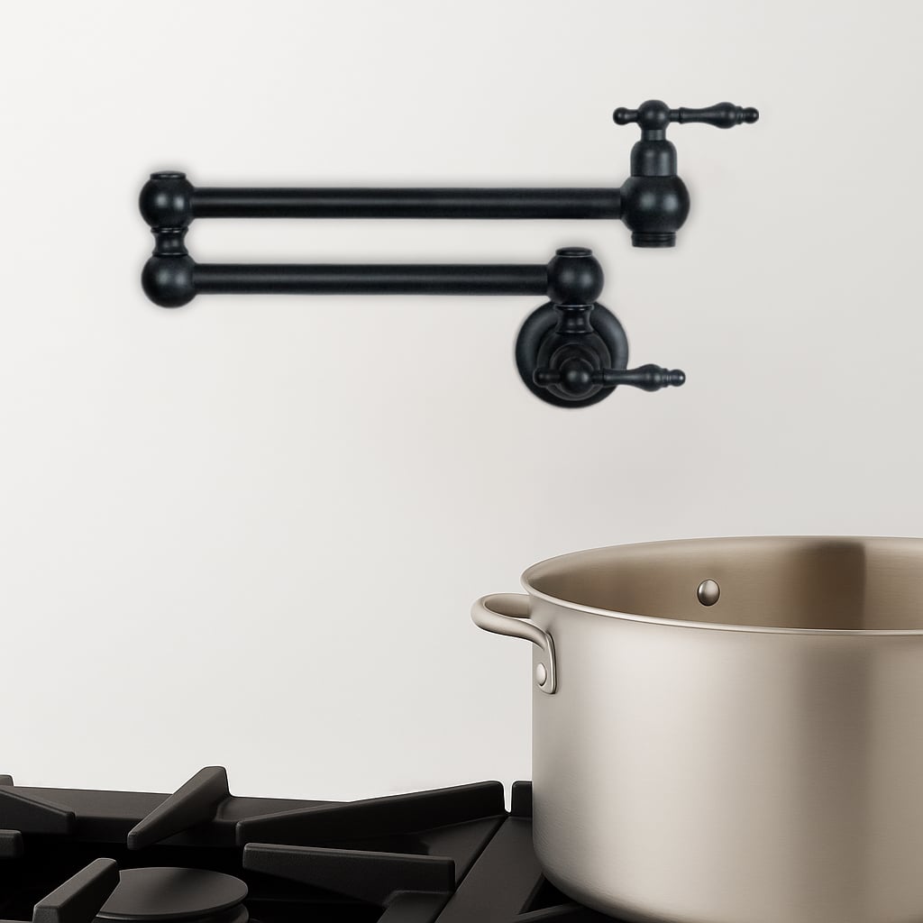  Matte black wall-mount pot filler with dual handles shown above a modern stovetop, ideal for filling large pots with ease and elegance