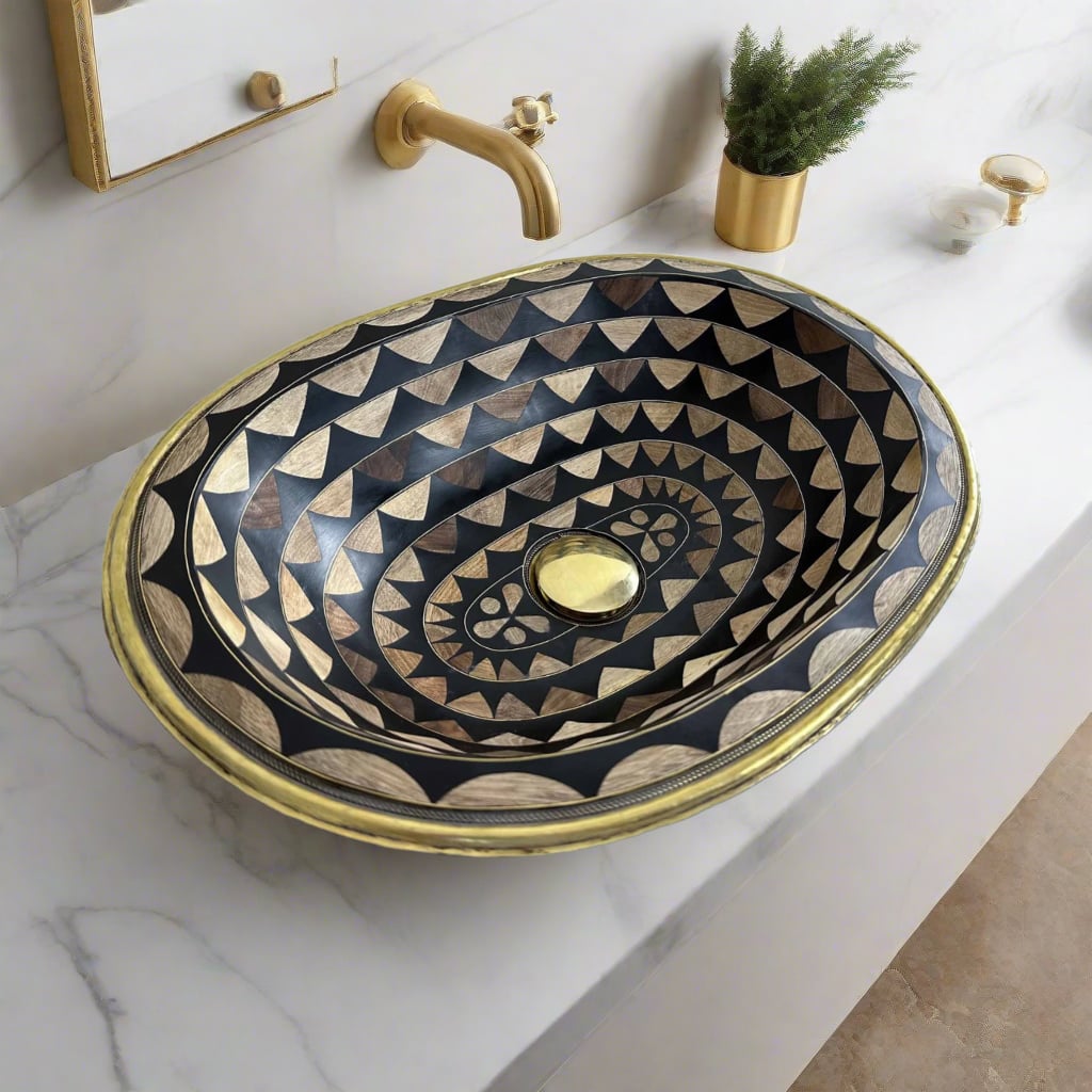 Handcrafted Moroccan oval brass sink with intricate inlaid patterns, installed on a marble countertop with gold faucet, adding a touch of luxury to a modern bathroom