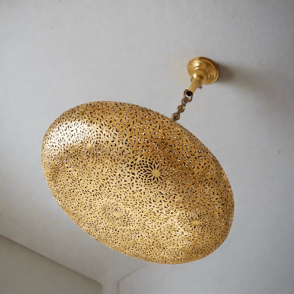 Moroccan brass lampshade fixture hanging from a white ceiling - Moroccan Interior