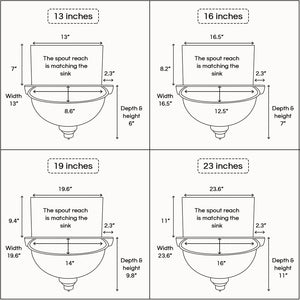 Diagram of Moroccan hammered sink size options showing dimensions for 13", 16", 19.6", and 23.6" sinks with width, depth, height, and spout reach