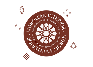 Moroccan Interior logo featuring a white geometric star design centered within a circular emblem, surrounded by the text Handmade of Morocco on a brown background