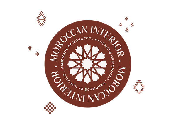Moroccan Interior logo featuring a white geometric star design centered within a circular emblem, surrounded by the text Handmade of Morocco on a brown background