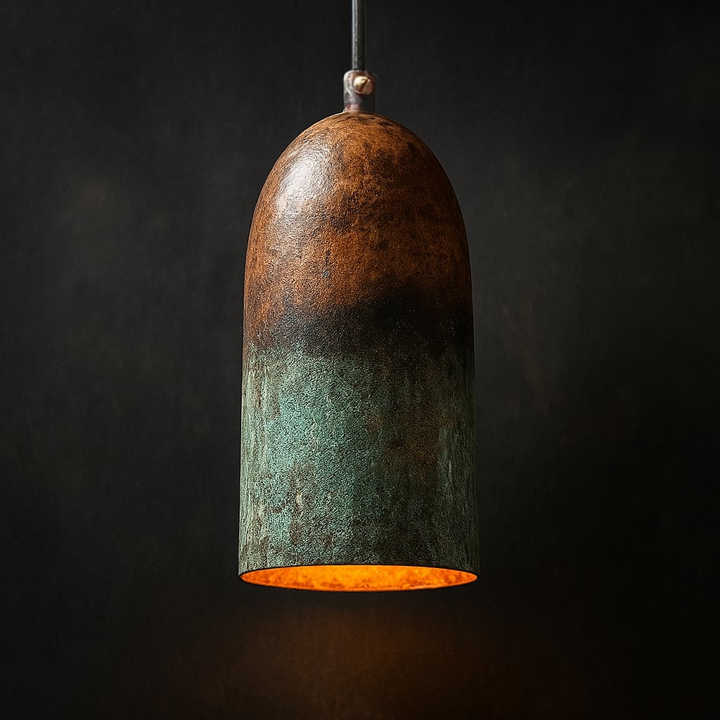 Handcrafted Moroccan pendant light with an elongated organic dome shape, featuring a unique ombré patina blending rich copper and oxidized green tones, and a warm glowing interior, set against a dark background
