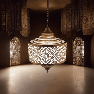 Close-up view of the handcrafted brass Moroccan pendant light, highlighting detailed geometric patterns and craftsmanship