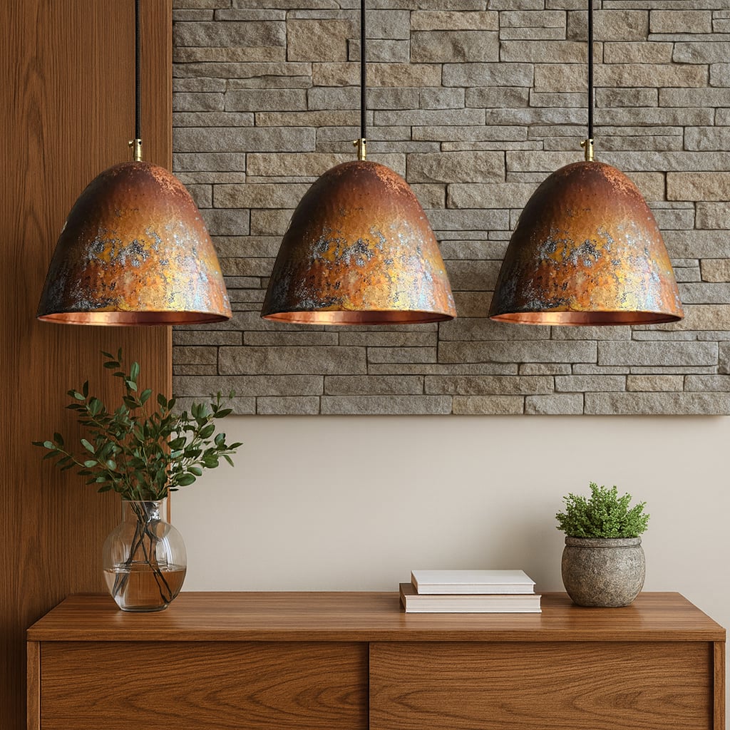 Trio of rustic Moroccan dome-shaped pendant lights with oxidized copper finish, hanging above a wooden console with books and plants against a stone wall
