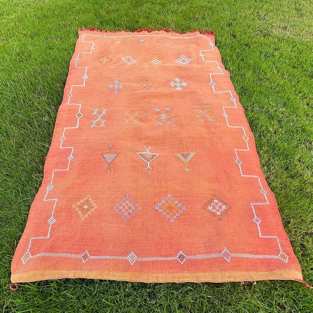 Handwoven Moroccan sabra cactus silk rug in terracotta orange, featuring tribal geometric embroidery and white border design, laid flat on grass