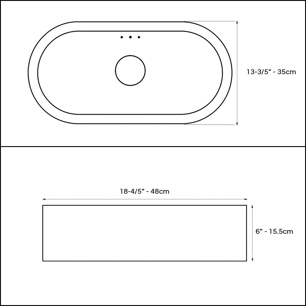 Technical diagram of an oval bathroom sink with labeled dimensions in inches and centimeters