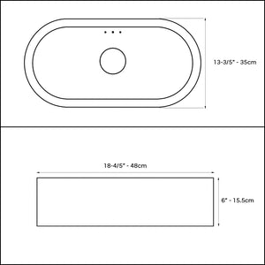 Technical diagram of an oval bathroom sink with labeled dimensions in inches and centimeters