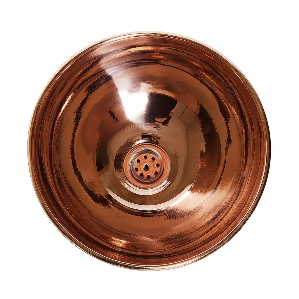 Polished round copper basin with a smooth reflective finish and central drain, showcasing elegant craftsmanship and timeless design.