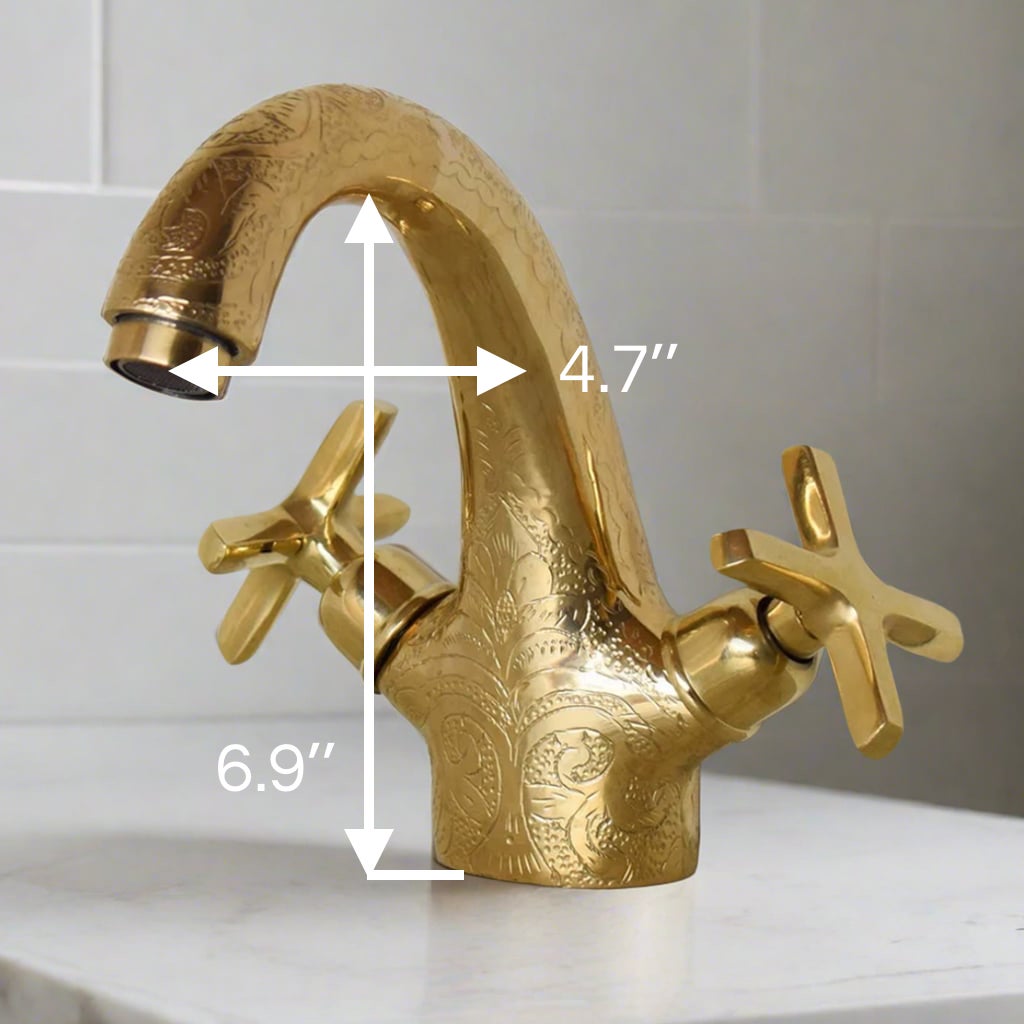 Side view of the unlacquered brass faucet with measurements, displaying the spout reach and overall height in a bathroom setting