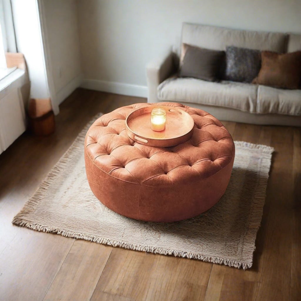 A round, tufted leather ottoman in a soft terracotta color, placed on a fringed beige rug in a minimalist living room with a candle on a round tray on top, a beige couch, and wooden flooring.