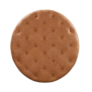 Top view of a tufted round leather pouf in tan color on a white background - Moroccan Interior.