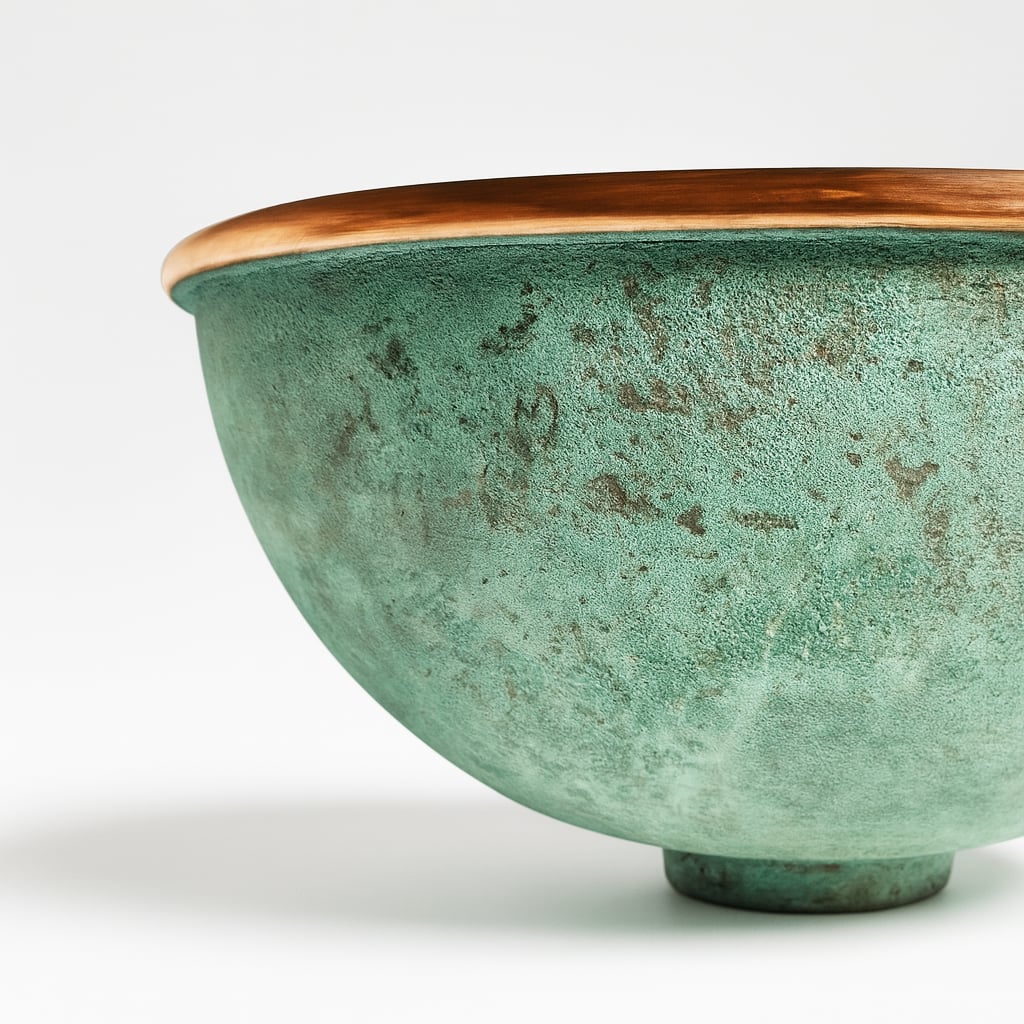 Close-up of a round copper basin with a green verdigris patina exterior and polished copper rim, showcasing artisanal texture and craftsmanship.