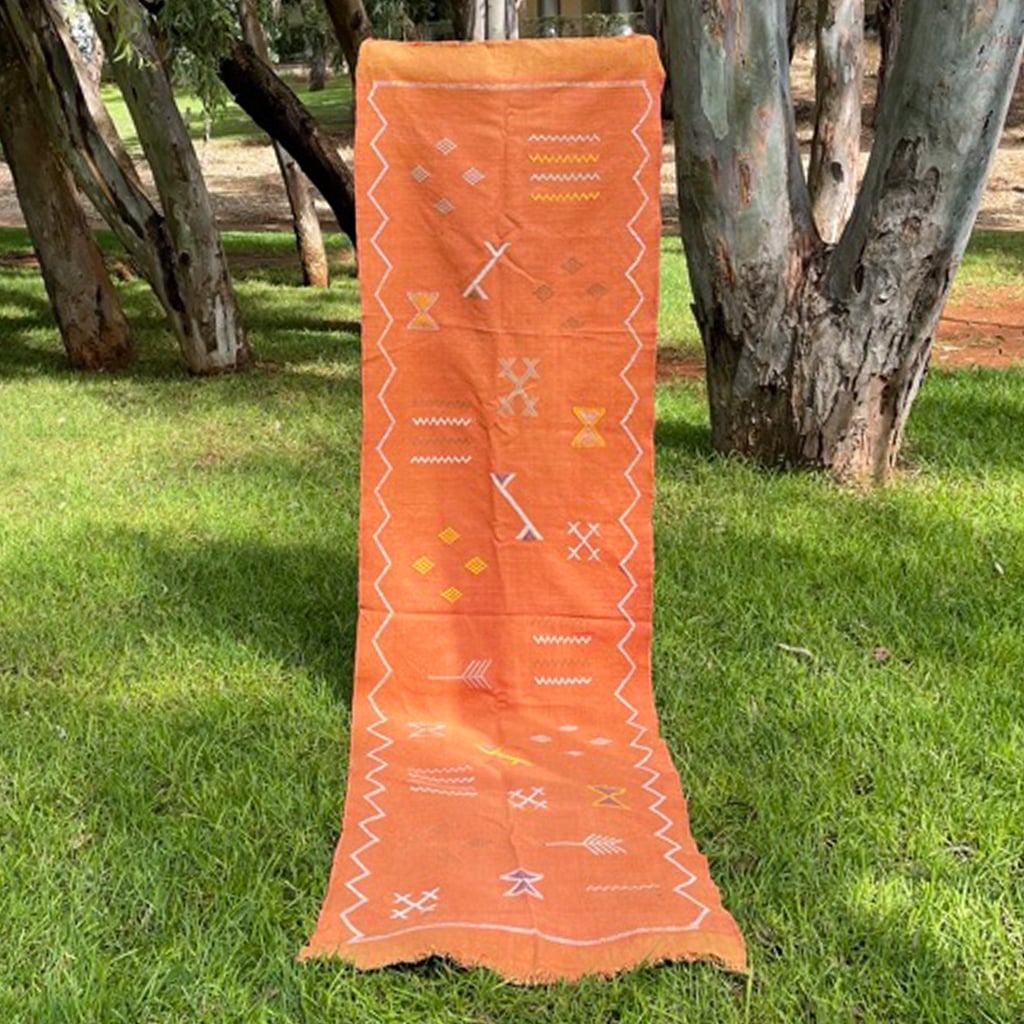 Full vertical view of a handwoven Moroccan terracotta runner rug standing on grass, featuring detailed tribal motifs and bordered in white