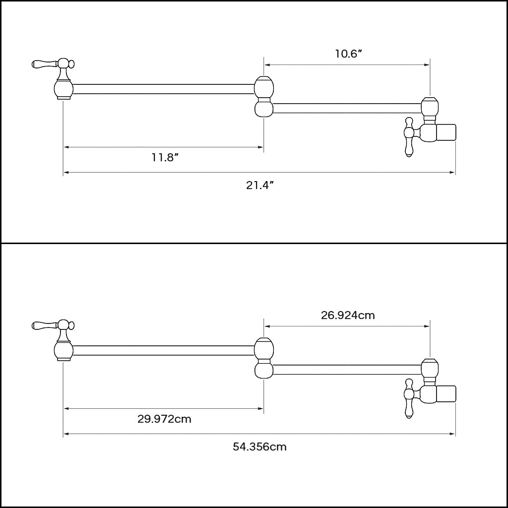 Diagram showing wall-mount pot filler faucet dimensions in both inches and centimeters, with total reach of 21.4 inches (54.356 cm), composed of two arms measuring 11.8 inches (29.972 cm) and 10.6 inches (26.924 cm)