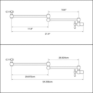 Diagram showing wall-mount pot filler faucet dimensions in both inches and centimeters, with total reach of 21.4 inches (54.356 cm), composed of two arms measuring 11.8 inches (29.972 cm) and 10.6 inches (26.924 cm)