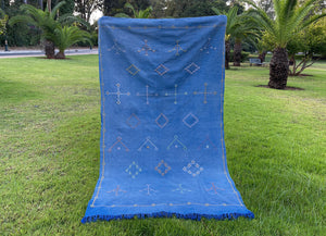  Denim blue Moroccan sabra rug with Berber motif against grass tree background landscape- Moroccan Interior