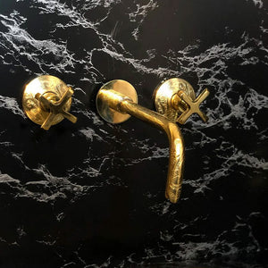 Hand Hammered Unlacquered Brass Gooseneck Wall Faucet - Moroccan Interior