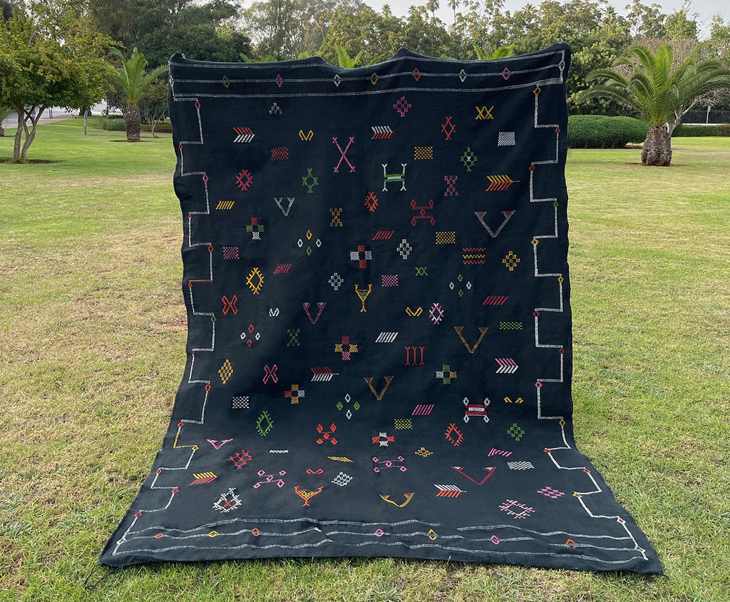 Handwoven Moroccan Sabra rug in black, made from 100% cactus silk with colorful Berber motifs, displayed upright in an outdoor setting. Custom-made artisanal rug with vibrant geometric patterns